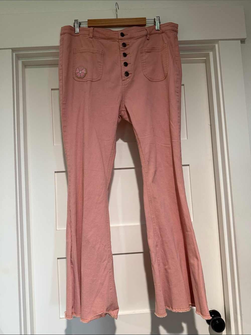 NWOT Spell Pink Flare Jeans with Button-Front and Embroidered Pocket